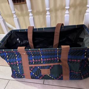 Maurices Navy Multicolor Plaid Utility Tote with Brown Straps